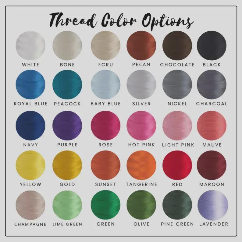 May include: A color chart displaying thread color options. The chart includes a variety of colors, such as white, blue, pink, yellow, and green. Each color is represented by a small, circular swatch with the color name below it. The text "Thread Color Options" is at the top.