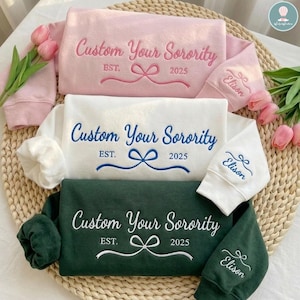 Embroidered Gift For Bestie, Custom College Crewneck with Bow, Gift for Sorority Members, Cute Campus Apparel, Rush Week Sweatshirt.