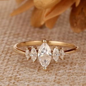 Moissanite Engagement Ring: Five Stone Marquise Cut, Sterling Silver
