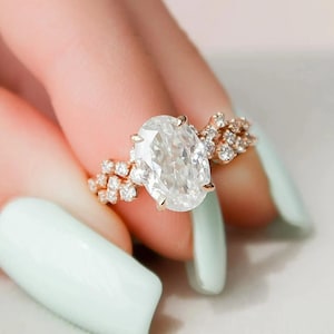 Oval Moissanite Engagement Ring Set: 14K Rose Gold Anniversary Promise Ring