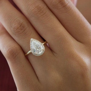 3 ct Pear Moissanite Engagement Ring, Yellow Gold Ring, Pear Solitaire Ring, Pear Halo Ring, Diamond Wedding Ring, Anniversary Ring