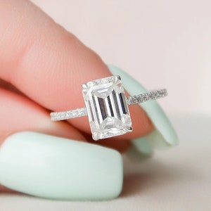 Emerald Cut Moissanite Engagement Ring: Hidden Halo Pave Eternity Band