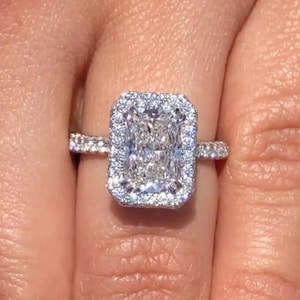 Vintage Art Deco Moissanite Engagement Ring: Radiant Cut Tulip Platinum Ring