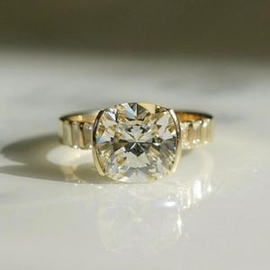 Handmade 3.96 Ct Cushion Cut Moissanite Engagement Ring: Bezel Set Solid Gold