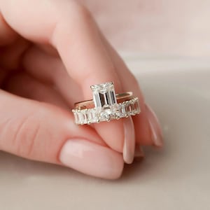 3 CT Emerald Cut Moissanite Solitaire Hidden Halo Engagement Ring Set, Bridal Ring Set, Wedding Ring Set, Art Deco Bands, 14k Gold Set.
