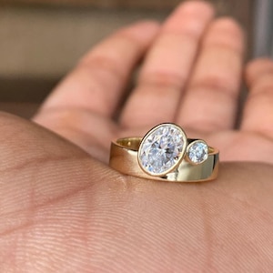 Wide Band Oval and Round Cut Engagement Ring for Women, Bezel Set Wedding Ring, Unique Thick Band Solitaire Ring, 14K Solid Gold Ring