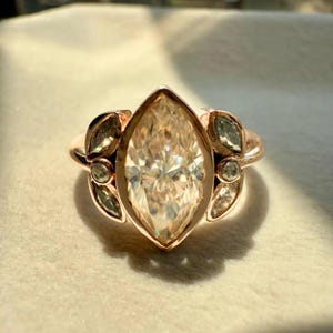 Marquise Moissanite Engagement Ring Set: Antique Side Stone, 14k Gold