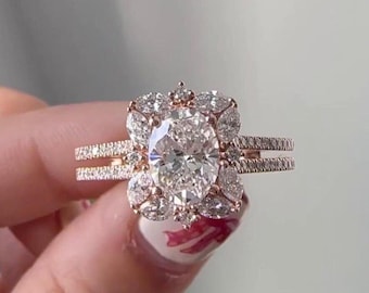Anello di fidanzamento con moissanite taglio ovale da 2 ct, anello nuziale con moissanite marquise, anello vintage in oro rosa con diamanti a grappolo, anello di anniversario per donna.