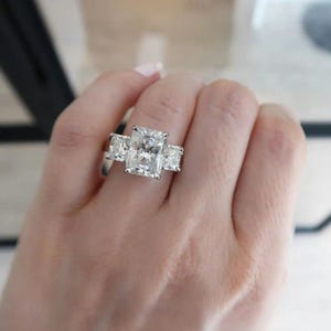 Radiant Cut Moissanite Three Stone Ring: 14K White Gold Anniversary