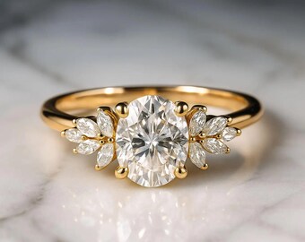 Anello di fidanzamento ovale con moissanite, anello vintage a grappolo, anello di fidanzamento in oro rosa con diamanti, anello di fidanzamento a grappolo con taglio marquise, anello da donna unico per l'anniversario.