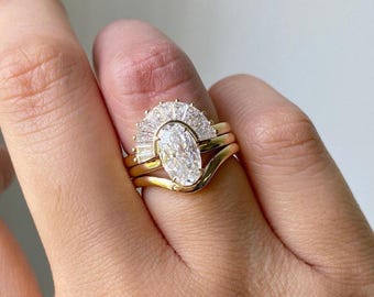Anillo de moissanita ovalado, anillo nupcial ovalado de oro amarillo de 10, 14 y 18 k, anillo solitario híbrido de corte ovalado con dos bandas a juego.