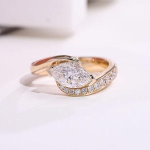 Marquise Moissanite Engagement Ring Set: 14k Gold Bridal Wedding Band