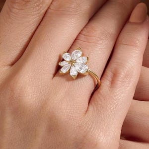Flower moissanite engagement ring diamond cluster ring yellow gold engagement ring unique pear shaped bridal promise ring anniversary ring