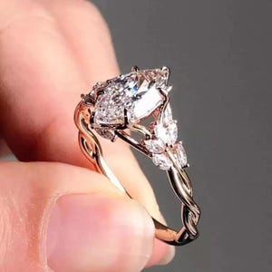 Floral Marquise Moissanite Engagement Ring: Vintage 14K Gold Wedding Ring