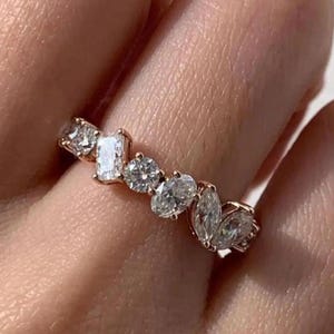 Multi Shaped moissanite Eternity Band, 14k gold Mix Cut Multi Shape Diamond Cluster Ring Unique Pear Emerald cushion Cut Ring, Gift For Her