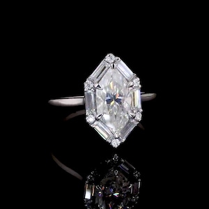 Dutch Marquise Moissanite Ring: Hexagon Gold Ring with Baguette Accents