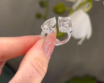 Anillo Toi Et Moi, anillo de moissanita con esmeralda y forma de pera de 3,75 quilates, anillo de compromiso de dos piedras, anillo de boda, regalo de aniversario para ella, conjunto nupcial.