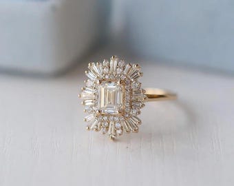 14k Gelbgold Sunburst Moissanit Ring: 2ct Smaragdschliff Art Deco Verlobung