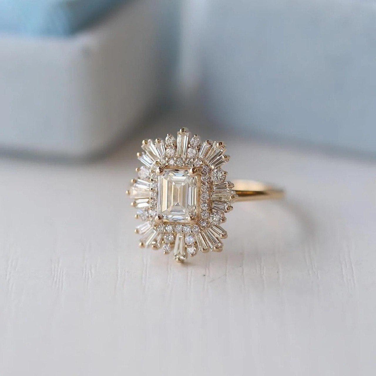 2ct Emerald Cut Ring, Side Baguette Diamond Vintage Ring, Art Deco Ring, Cluster Diamond Ring, Tapered Baguette Diamond Halo Ring