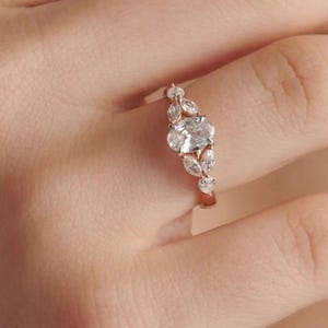 Oval Moissanite Engagement Ring, Vintage Cluster Rose Gold Anniversary Ring, Marquise Diamond Wedding Bridal Handmade Art Deco Gift Ring