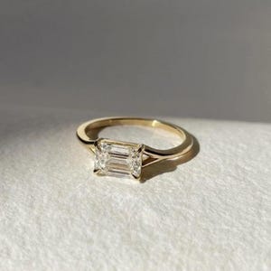 Minimalist Wedding Ring, Emerald Cut Moissanite Diamond Promise Ring, Classic Solitaire Ring, Yellow Gold Ring For Women, Split Shank Ring
