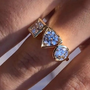 Round Three Moissanite Diamond Ring Unique Setting Three Stone Ring Three Year Anniversary Gift Ring Statement Ring Gift For Her Gold Ring