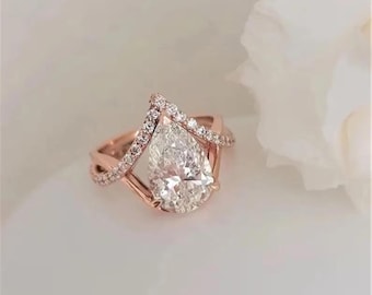 Anillo de boda con moissanita talla pera de 2 quilates, diseño de hojas, enredadera y ramas, estilo vintage. Anillo de compromiso único con moissanita talla pera.