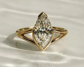 Anello di fidanzamento con diamanti e moissanite a taglio marquise, unico nel suo genere, con gambo diviso, regalo per donna, anello nuziale, anello impilabile, anello in oro 14k per lei.