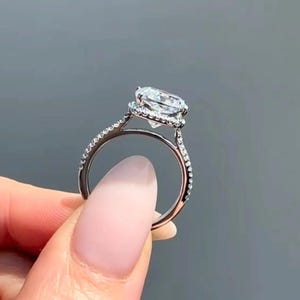 2.5 CT cushion cut engagement ring, moissanite solitaire cushion hidden halo, unique 3 row pave, prong, white gold, wedding ring