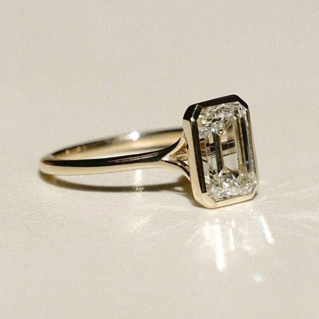 Bezeled 3ct Emerald Cut Bezel Set Engagement Ring Split Shank Ring 14k Yellow ...