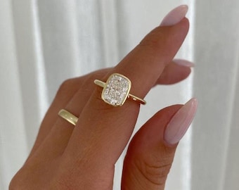 3 CT Elongated Cushion Cut Moissanite Bezel Set Engagement Ring 14K Gold Wedding Ring Cushion Solitaire Diamond Ring Anniversary Ring.
