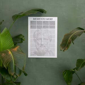 Può includere: Una stampa bianca con la scritta "Memento Mori" in alto, raffigurante un ritratto maschile a griglia. La stampa è montata su una parete verde, circondata da grandi piante verdi.