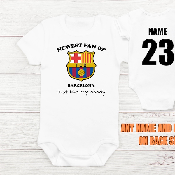 Personalisierte Barcelona Baby Body, benutzerdefinierter Name und Nummer Barca Fan, Barcelona Baby Jersey, Vatertagsgeschenk, Babypartygeschenk