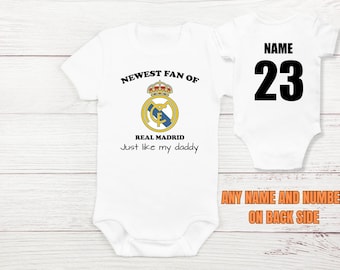 Personalisierte Real Madrid Baby Body, benutzerdefinierter Name und Nummer Madridista Fan, Real Madrid Baby Jersey, Vatertagsgeschenk, Babypartygeschenk