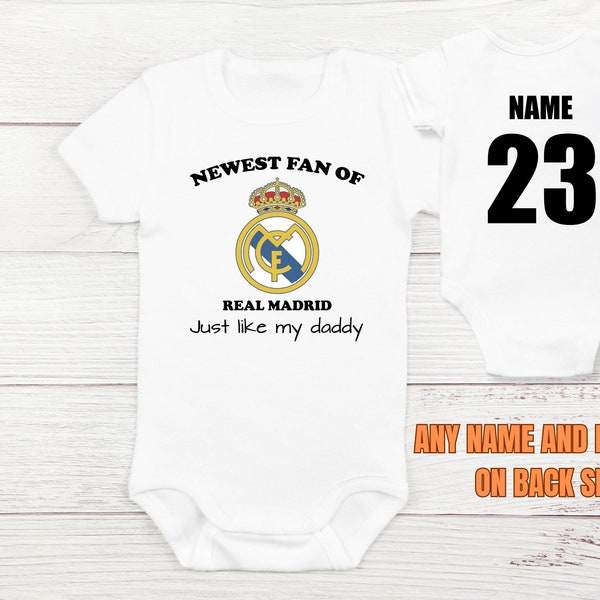 Personalisierte Real Madrid Baby Body, benutzerdefinierter Name und Nummer Madridista Fan, Real Madrid Baby Jersey, Vatertagsgeschenk, Babypartygeschenk