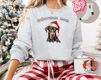 Doberman Mom Christmas Sweatshirt | Dog Lover Gift For Her | Doberman Lover Apparel | Cozy Doberman Mama Gift + Gift Socks On Each Order