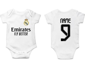 Body bébé Real Madrid personnalisé, fan madrilène nom et numéro personnalisé, maillot Real Madrid, cadeau de fête des pères, cadeau de naissance