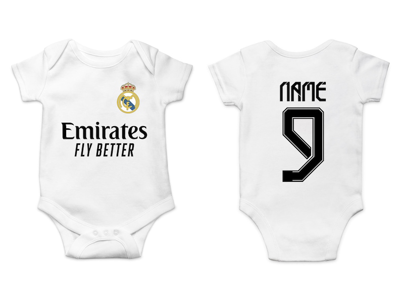 Personalisierte Real Madrid Baby Body, benutzerdefinierter Name und Nummer Madridista Fan, Real Madrid Jersey, Vatertagsgeschenk, Babypartygeschenk Bild 1