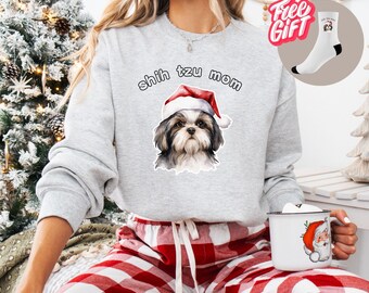 Sudadera navideña para mamá Shih Tzu / Regalo para amantes de los perros para ella / Ropa para amantes de los Shih Tzu / Regalo acogedor para mamá Shih Tzu + Calcetines de regalo en cada pedido