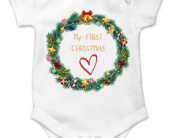 My First Christmas Wreath Baby Bodysuit - 100% Cotton Soft Baby Bodysuit - Long/Short Sleeve Newborn Outfit