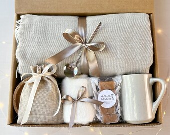 Self Care Gift Box: Throw Blanket, Socks, Caramels & Mug