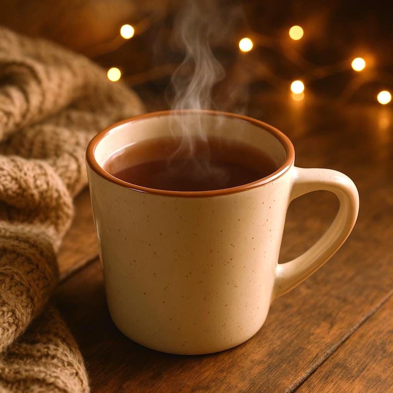 May include: A beige ceramic mug filled with steaming hot brown liquid. The mug has a speckled finish and a rounded handle. The mug is sitting on a wooden surface with a brown knitted blanket in the background.