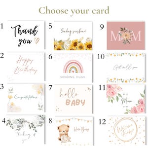 May include: A selection of greeting cards with various designs and messages. Cards include "Thank You", "Happy Birthday", "Congratulations", "Thinking of You", "Sending Sunshine", "Sending Hugs", "Hello Baby", "Hello Baby" with a teddy bear, "M", "Get Well Soon", "Best Mom Ever", and "Welcome Baby".