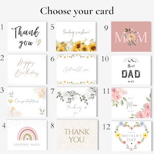 May include: A selection of greeting cards with various designs and messages. Cards include "Thank You," "Happy Birthday," "Congratulations," and "Sending Hugs." Other cards say "Sending Sunshine," "Get Well Soon," and "Thinking of You."