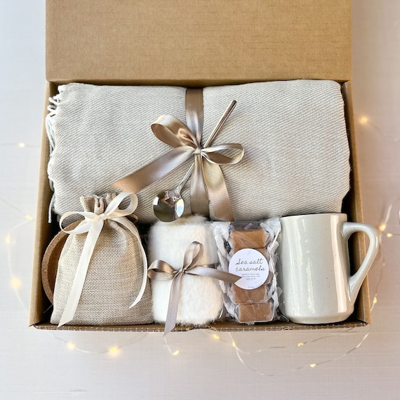 Self Care Gift Box: Throw Blanket, Socks, Caramels & Mug