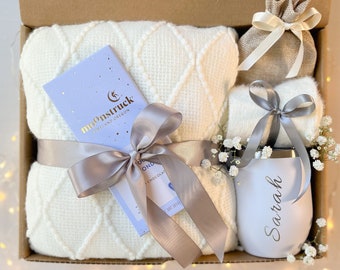 Personalized Tumbler Gift Box: Cozy Blanket, Chocolate, Socks