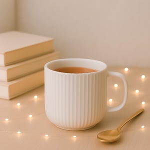 May include: A white ceramic mug with a ribbed design filled with a warm drink. The mug is on a light wood surface with a string of white fairy lights.
