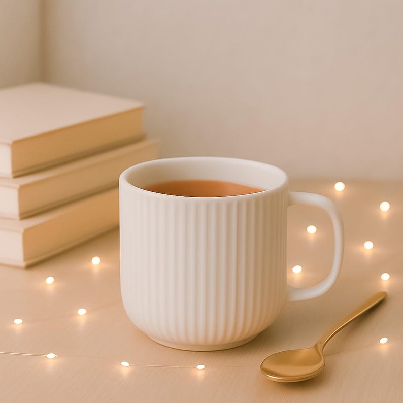 May include: A white ceramic mug with a ribbed design filled with a warm drink. The mug is on a light wood surface with a string of white fairy lights.
