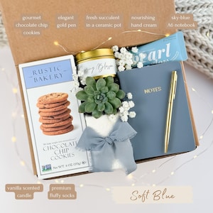 May include: A gift box with gourmet chocolate chip cookies, a fresh succulent in a ceramic pot, a sky-blue A6 notebook, and a gold pen. The box also contains a vanilla-scented candle, premium fluffy socks, and a tube of hand cream. The box is labeled "Soft Blue".