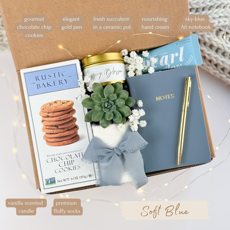 May include: A gift box with gourmet chocolate chip cookies, a fresh succulent in a ceramic pot, a sky-blue A6 notebook, and a gold pen. The box also contains a vanilla-scented candle, premium fluffy socks, and a tube of hand cream. The box is labeled "Soft Blue".